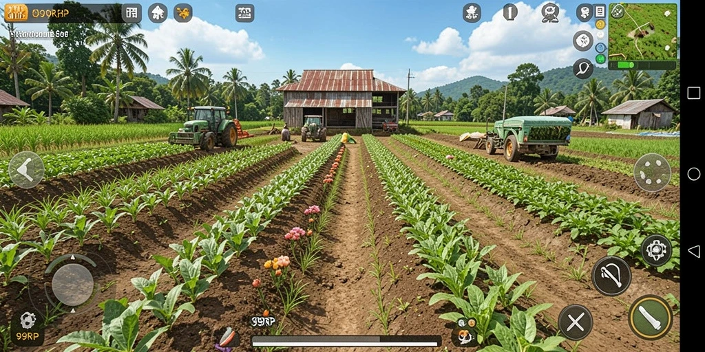 Screenshot gameplay 99RP menampilkan kegiatan bertani yang seru.