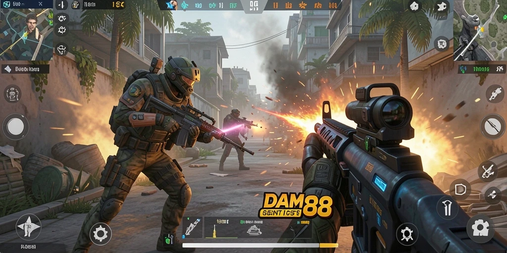 Tampilan gameplay menegangkan dari DAM88 dengan aksi menembak yang seru.