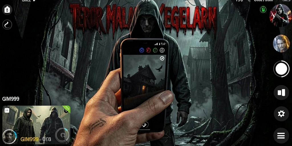 Screenshot utama GIM999 menunjukkan suasana mencekam dengan karakter menyeramkan.