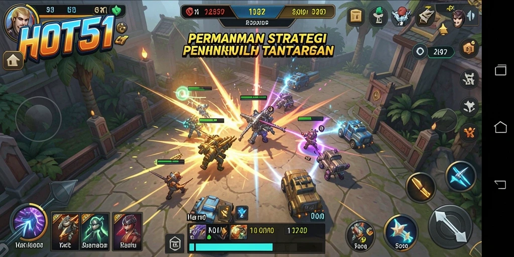 Tangkapan layar utama HOT51 menampilkan strategi pertempuran yang intens.