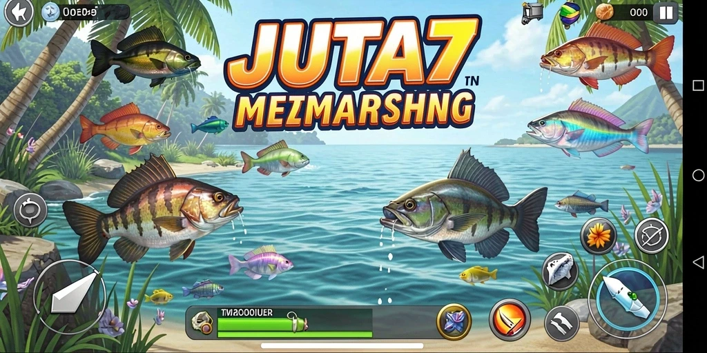 Tampilan gameplay JUTA7 yang menakjubkan saat memancing di laut.