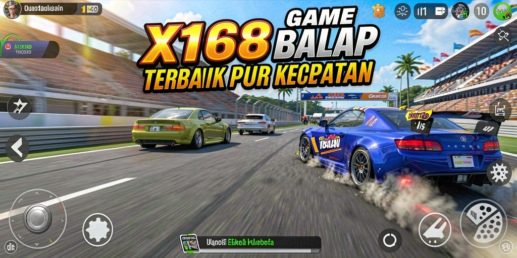 Screenshot utama X168 menunjukkan aksi balap mendebarkan di trek yang menantang.